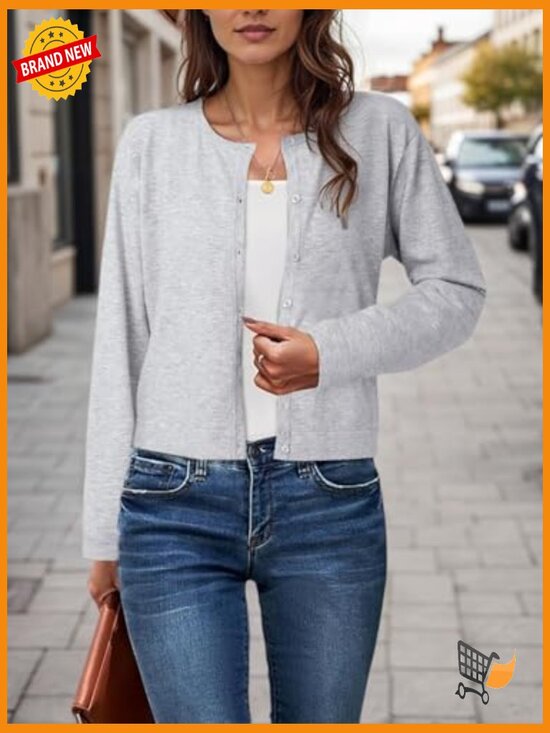 Cropped Cardigan Sweater Lightweight Bolero Shrug Button Down Long Sleeve - Picture 2 of 7